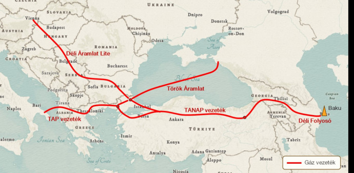 Az azeri gáz útja Európába és a Török Áramlat. Forrás: ArcGIS Online, Concorde-elemzés