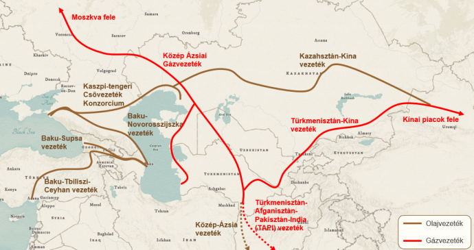 Gáz- és olajvezetékek Közép-Ázsiából. Forrás: ArcGIS Online, Concorde Elemzés