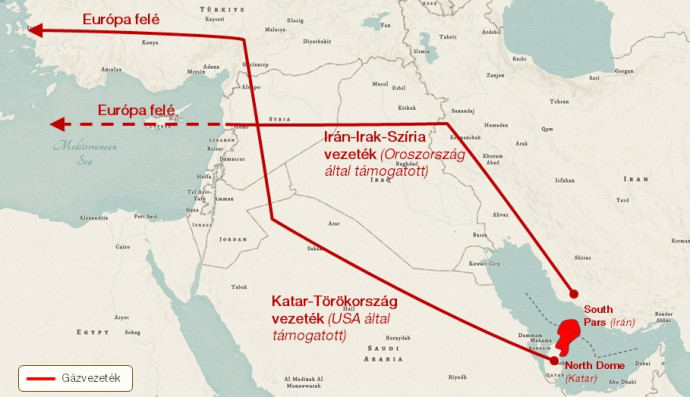 Gázvezetéktervek a Közel-Keletről Európa felé. Forrás: ArcGIS Online, Concorde-elemzés