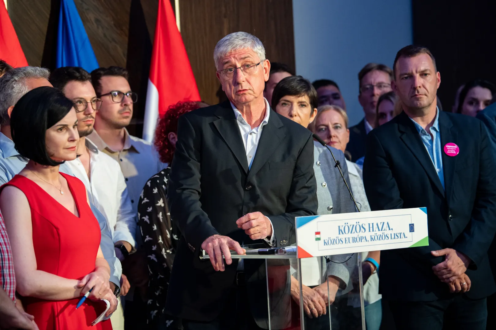 Gyurcsány Ferenc beszél sajtótájékoztatón a Demokratikus Koalíció, a Magyar Szocialista Párt és a Párbeszéd – Zöldek közös európai parlamenti listás eredményváró rendezvényén a Radisson Blue Béke Hotelben, Budapesten, 2024.06.09-én – Fotó: Bődey János / Telex