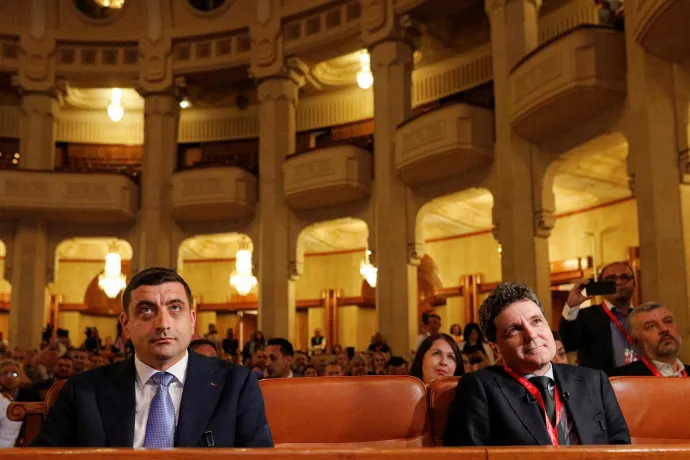 George Simion és Nicușor Dan a szakszervezetek gyűlésén Bukarestben 2025. május 7-én – Fotó: Malina Norocea / Inquam Photos / Reuters