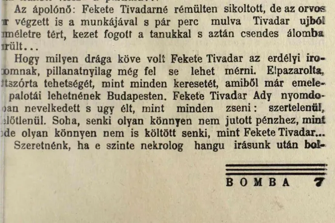 Fekete Tivadar nekrológja a Bomba című lapban – Forrás: Arcanum Újságok