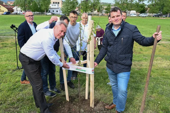 Gaal Gergely, a KDNP Pest Vármegyei Szervezetének elnöke (jobbra) és Imre Zsolt, a Fidesz–KDNP váci polgármesterjelöltje (bal elöl), miután gyümölcsfát ültettek a KDNP "Ültessünk, hogy élhessünk!" elnevezésű faültetési akciósorozatának váci állomásán, a Váci SZC Király Endre Technikum és Szakképző Iskola sportpályáján 2024. április 10-én – Fotó: Máthé Zoltán / MTI