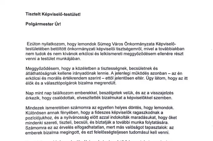 Vállalhatatlannak tartja az önkormányzat működését, ezért lemond egy független képviselő is Sümegen