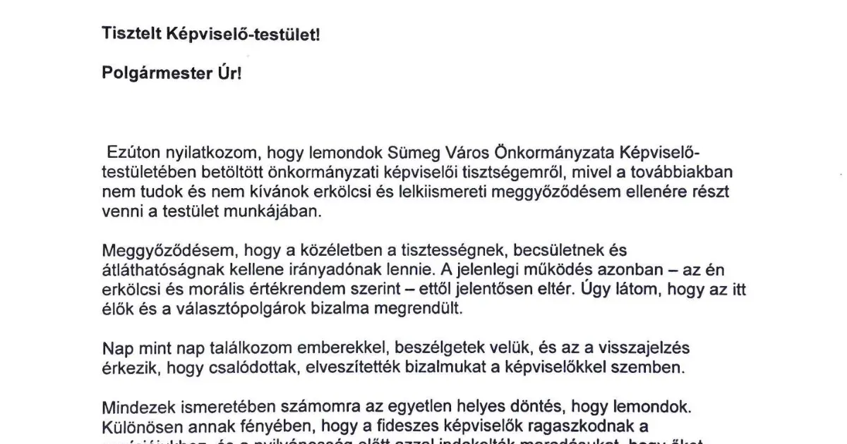 Vállalhatatlannak tartja az önkormányzat működését, ezért lemond egy független képviselő is Sümegen