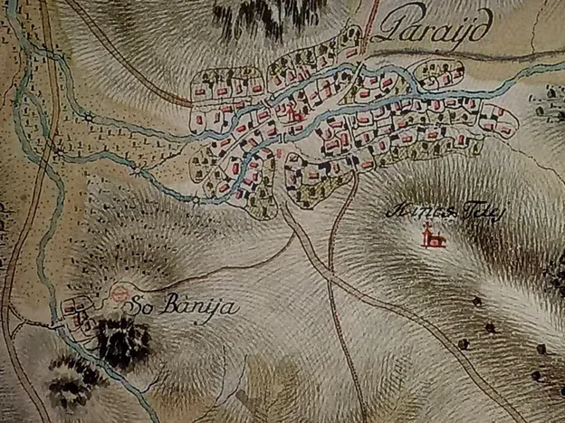 Parajd és a sóbánya a II. Józsefkori felmérésen – Forrás: Az 1770-es években készült térkép részlete