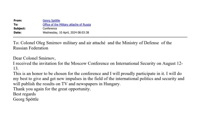 Spöttle's grateful email to the Russian military attaché