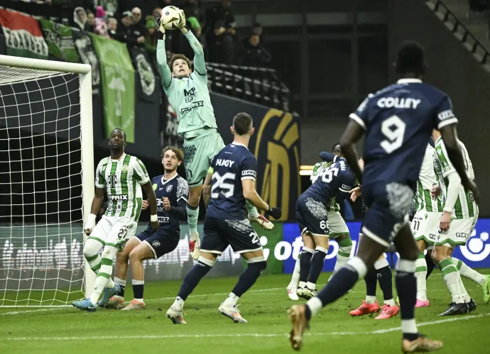 Pécsi Ármin véd a labdarúgó OTP Bank Liga 19. fordulójában játszott Puskás Akadémia–Ferencvárosi TC mérkőzésen a felcsúti Pancho Arénában 2025. február 9-én – Fotó: Koszticsák Szilárd / MTI
