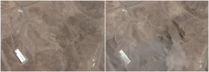 Műholdas felvételek a fordói nukleáris létesítményről: a bal oldali kép 2025. június 2-án, a jobboldali június 22-én, az amerikai bombázást követően készült – Fotó: Planet Labs / Reuters