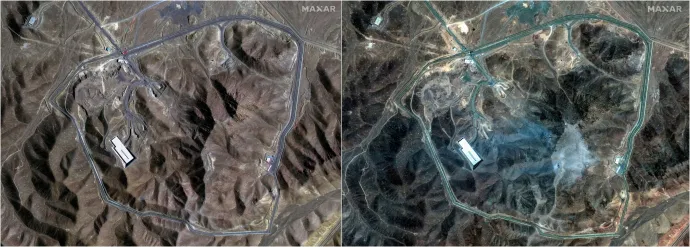 Műholdkép Irán fordói nukleáris létesítményéről az amerikai bombázás előtt és után 2025. június 22-én – Fotó: Maxar Technologies / Reuters