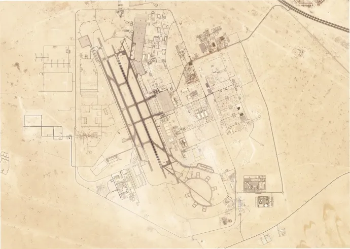 A Planet Labs PBC 2025. június 15-i műholdfelvétele az al-Udeid katari légitámaszpontról a főváros, Doha térségében levő sivatagban – Fotó: Planet Labs PBC / AP / MTI