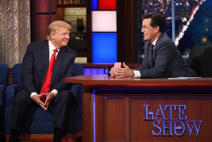 Donald Trump és Stephen Colbert a Late Show-ban, 2015 szeptemberében – Fotó: Jeffrey R. Staab / CBS / Getty Images