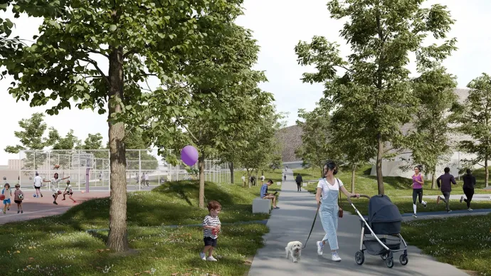 A lakossági fórumon felvázolt terv, illetve a területre tervezett közpark látványterve -Fotó: Mol-csoport