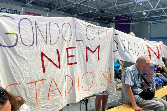 Tiltakozó molinók: "Gondolom nem stadion", utalva Mészáros Lőrinc mondására, valamint "Stadino" – Fotó: Mizsur András / Telex.hu