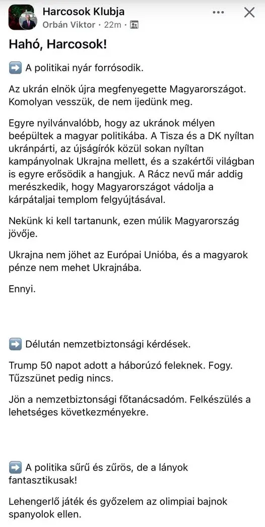 Orbán Viktor Harcosok Klubjában közzétett bejegyzése – Fotó: Rácz András / Facebook