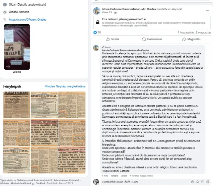 A megyés püspököt is számon kérő sorok – Forrás: az Istoria Ordinului Premonstratens din Oradea Facebook-oldal képernyőmentése