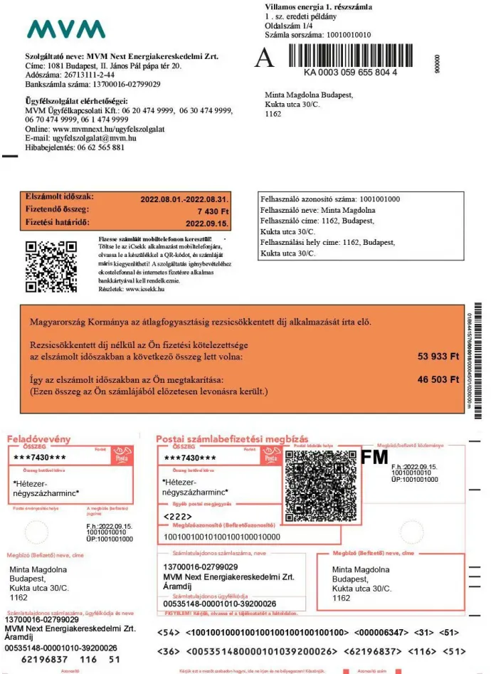 Rezsiboksz egy villamos energia számlamintán – Forrás: kormany.hu