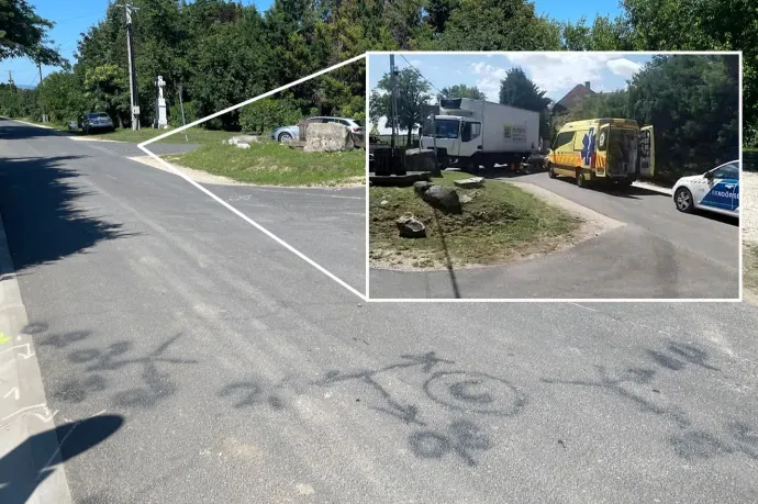 Nagy kép: feketével felrajzolva a teherautó két hátsó sarka és az ütközés pontja, kis kép: a baleset helyszíne a másik irányból nézve – Fotó: Tenczer Gábor / Telex