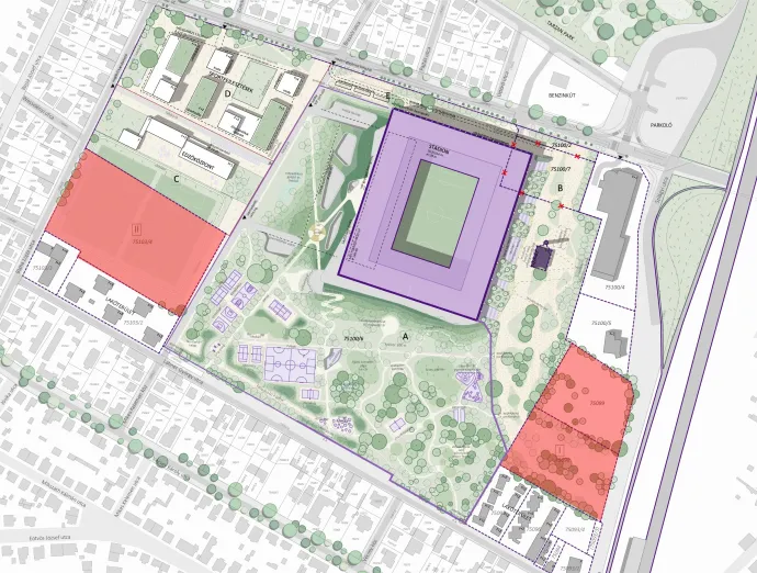 Az Újpest stadionjának tervei, pirossal kiemelve a három önkormányzati telek – Forrás: Mol-csoport
