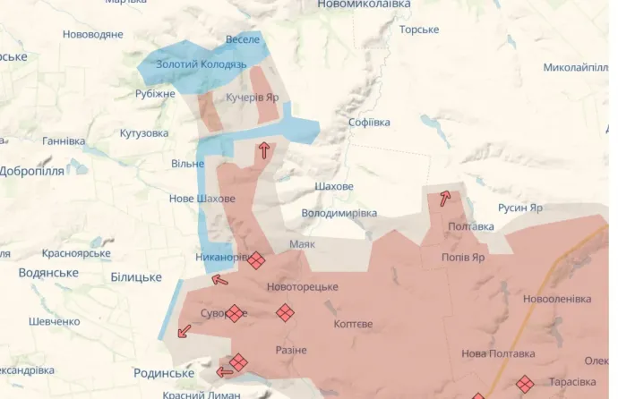 Az orosz kiszögellés és az ukrán ellenakció (kékkel) augusztus 15-én – Forrás: Deepstatemap.live