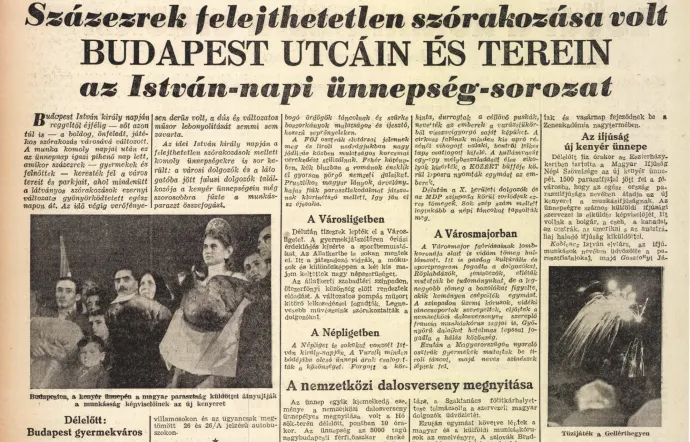 1948 – a parasztság képviselői átnyújtják az új kenyeret a munkásság képviselőinek – Kép: Arcanum Újságok/Szabad Nép