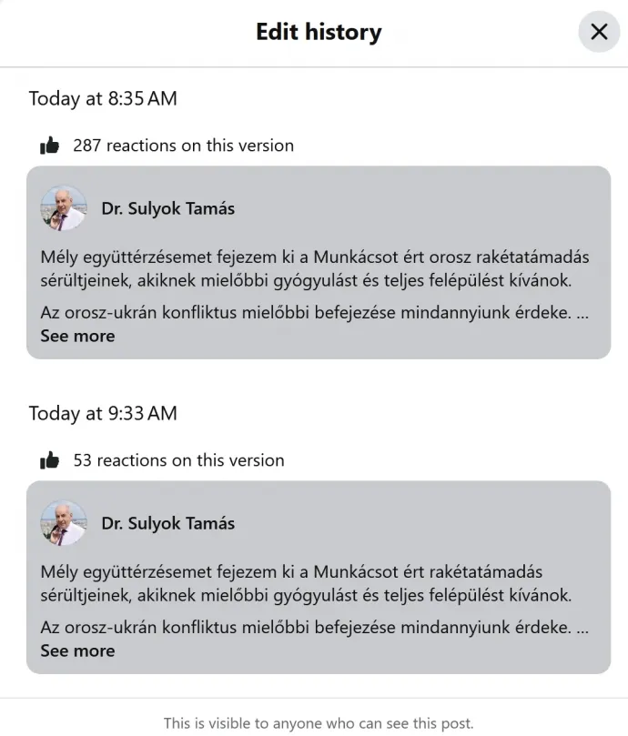 A poszt módosítási előzményei – Kép: Facebook