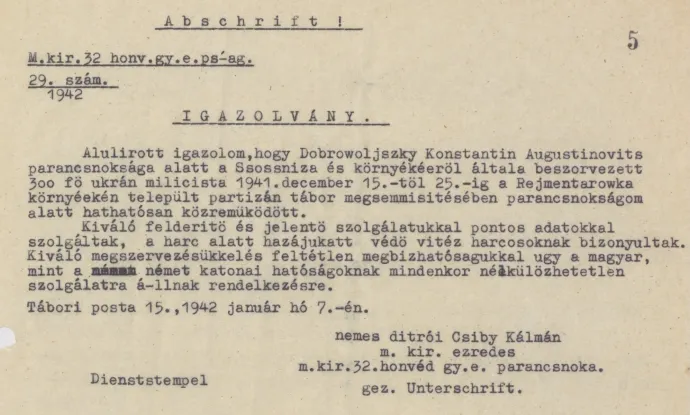 Csibi Kálmán ezredes, a magyar 32. gyalogezred parancsnokának igazolása Konsztantin Dobrovolszkij tevékenységéről – Forrás: Bundesarchiv Militärarchiv