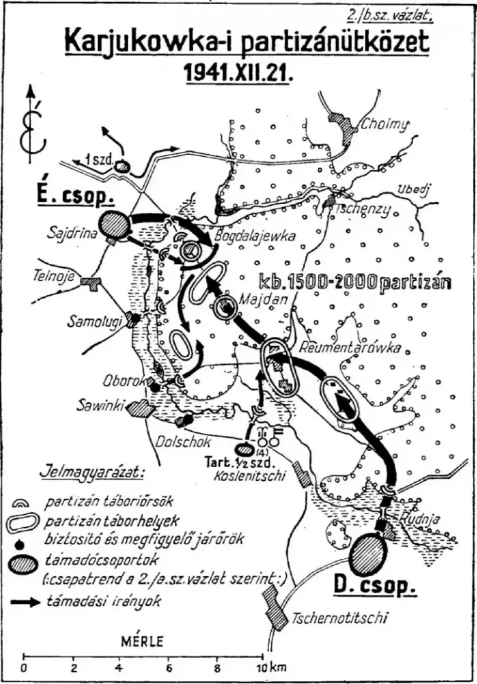 A map detailing the plans for the attack on Koriukivka on December 21, 1941. Source: Zoltán Schell: Megszálló csapataink Ukrajnában / Magyar Katonai Szemle, 1942/5. 250.