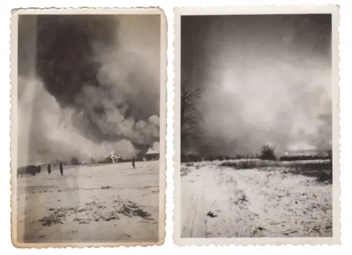 "Reimentarivka. In our wake, destruction. 21 December 1941." – Two photographs of Reimentarivka in flames from the photo collection of a soldier of the 32nd Infantry Regiment – Source: Private collection
