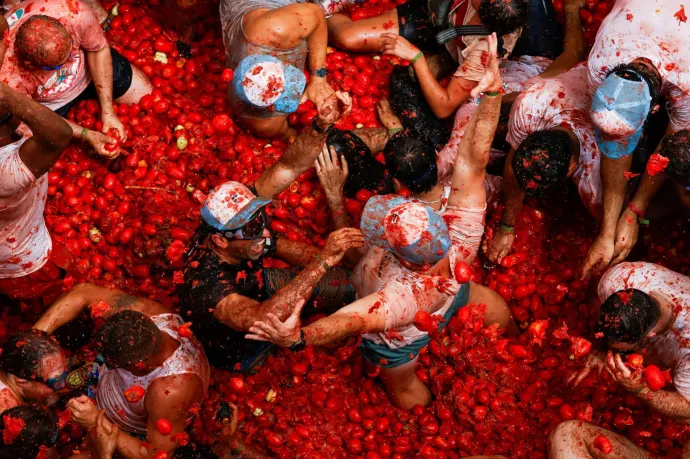 Húszezer ember 120 tonna paradicsomot vág egymáshoz – idén sem maradt el a spanyoloknál a Tomatina fesztivál