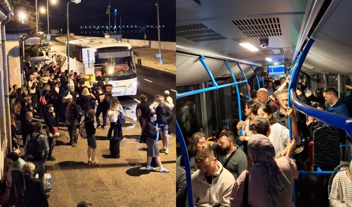 A fehér busz, amiről le kellett szállni, illetve az állva buszozás az autópályán – Fotó: Olvasónk