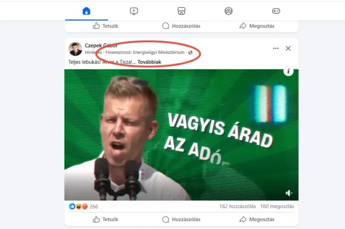 Az Energiaügyi Minisztérium által fizetett Facebook-hirdetésben ekézi a Tisza Pártot az energiaügyi miniszterhelyettes