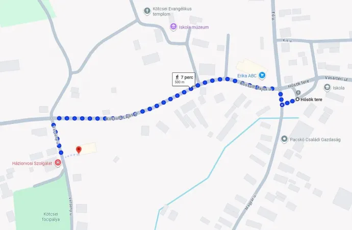 A Dobozy-kúria és a kötcsei Hősök tere közötti távolság – Fotó: Google Maps