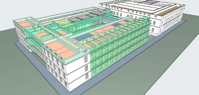 Az elsődleges látványterven hátul a törvényszék épülete, a zöld rész újonnan épülne – Kép: Győri Törvényszék
