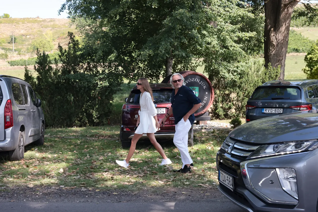 Gyürk András és Sasvári Sándor gyalog érkezik a Dobozy-kúria felé. A későn jövők már nem fértek be a meghívottaknak fenntartott parkolóba, ezért távolabbról kellett besétálniuk, így viszont ki voltak téve annak, hogy az újságírók kérdéseket tegyenek fel nekik – Fotó: Hevesi-Szabó Lujza / Telex