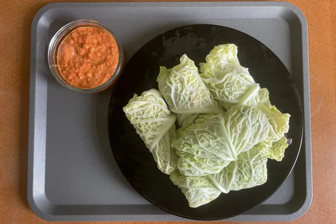 Vérnarancsos édeskömény-saláta, Buddha Bowl és káposztatekercs – Fotó: Világi Máté / Telex