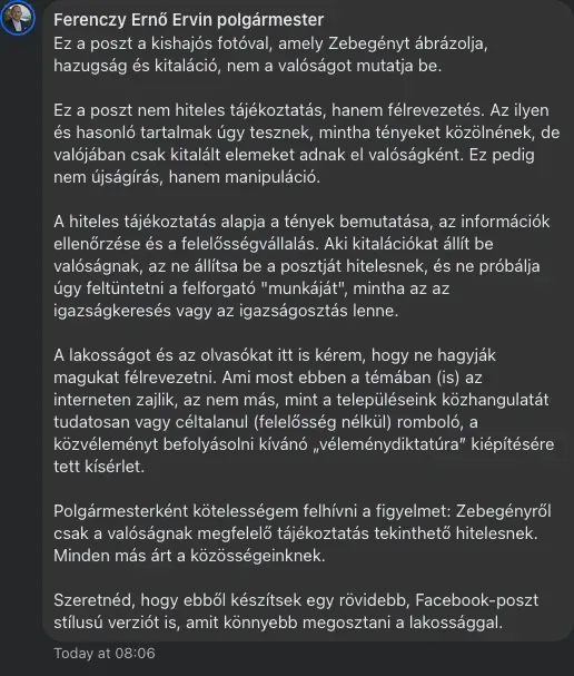 Az eredeti hozzászólás – Forrás: Facebook