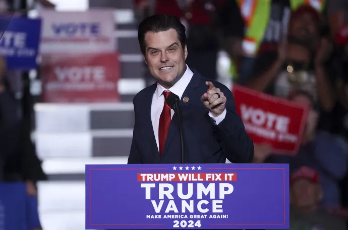 Matt Gaetz Donald Trump 2024. október 31-én tartott kampányrendezvényén a nevadai Hendersonban – Fotó: Ian Maule / AFP