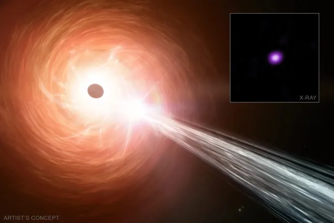 A fekete lyukról készült illusztráció jobb felső sarkában a RACS J0320-35 sugárzásáról készült felvétel – Forrás: NASA / CXC / INAF-Brera / SAO / L. Ighina – M. Weiss