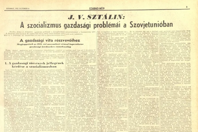 Sztálin cikke a Szabad Nép 1952. október 4-i számában – Forrás: Szabad Nép, 1952. október (10. évfolyam, 238–268. szám) / Arcanum