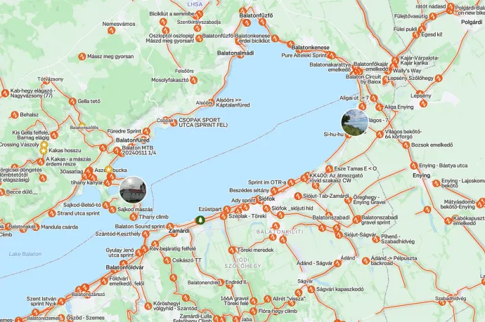 A felső képen szegmensek térképe a Balaton környékén a Strava alkalmazásban, amelyen látszik, hol vannak olyan szakaszok, ahol a sportolók összemérhetik az idejüket. Az alsó képen kollégánk Budapest környéki hőtérképe – Forrás: Strava