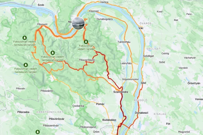 A felső képen szegmensek térképe a Balaton környékén a Strava alkalmazásban, amelyen látszik, hol vannak olyan szakaszok, ahol a sportolók összemérhetik az idejüket. Az alsó képen kollégánk Budapest környéki hőtérképe – Forrás: Strava