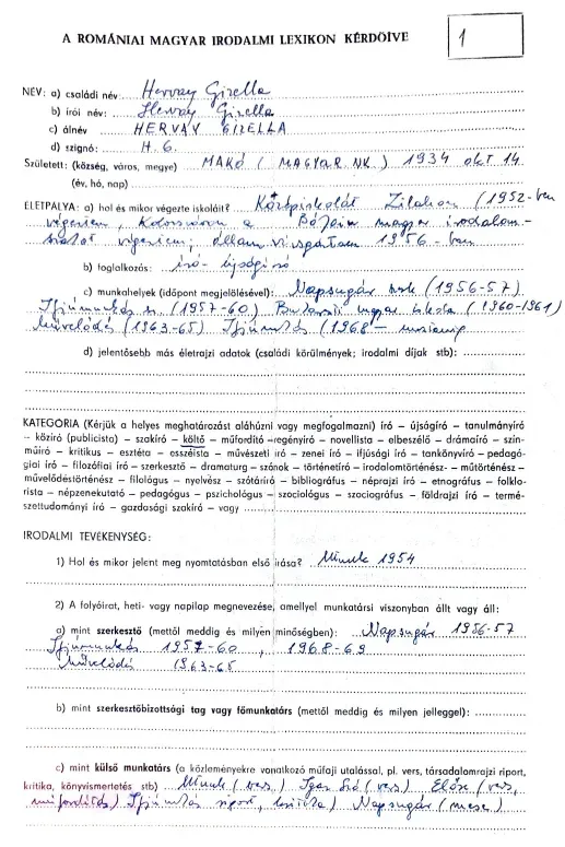 A Romániai Magyar Irodalmi Lexikon adatlapja, amelyet Hervay Gizella maga töltött ki – Forrás: Szabédi László Emlékház