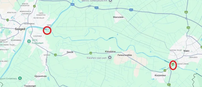 A Tisza-Maros torkolat Szegednél, és a makói vízmérce helye pirossal jelölve – Forrás: Google