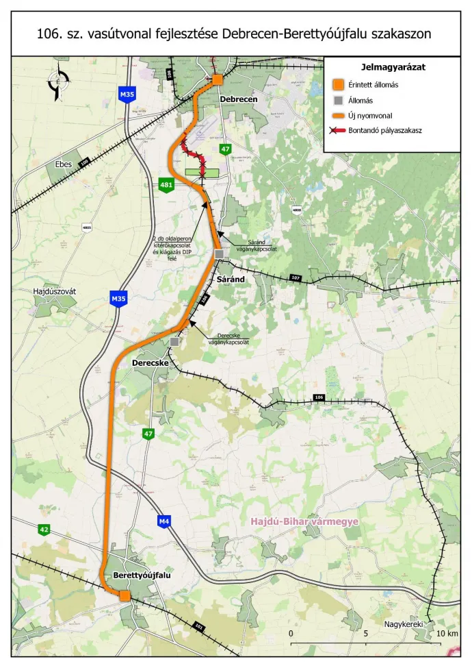A Debrecen–Berettyóújfalu vasútvonal tervezett útvonala – Forrás: Építési és Közlekedési Minisztérium