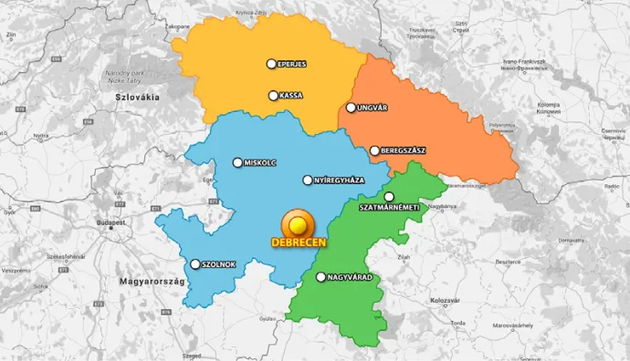 A Debrecent, mint régióközpontot ábrázoló térkép – Forrás: Debrecen 2030