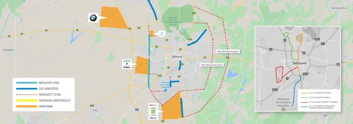 A tervezett debreceni fejlesztéseket ábrázoló térkép – Forrás: Debrecen 2030