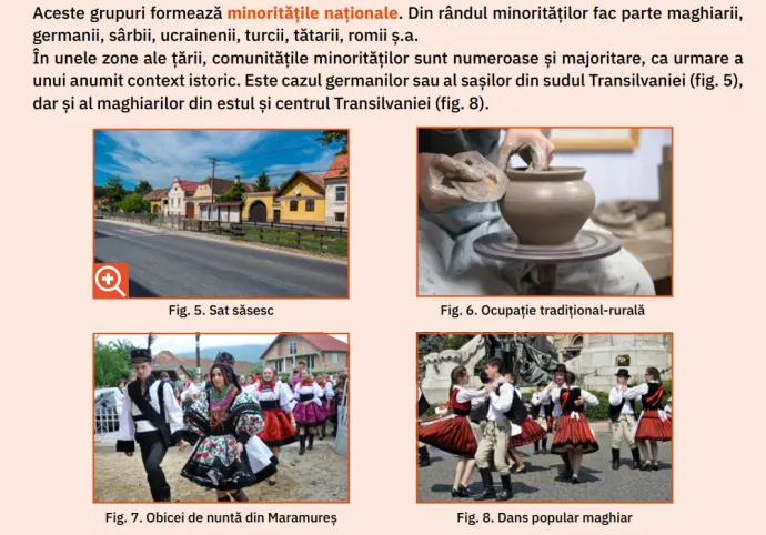 A 4. osztályosok történelemtankönyvének nemzeti kisebbségekről szóló része, amely azt mondja: „Ezek a csoportok alkotják a nemzeti kisebbségeket. A kisebbségek közé tartoznak a magyarok, a németek, a szerbek, az ukránok, a törökök, a tatárok, a romák stb. Az ország egyes területein a kisebbségi közösségek számban jelentősek, sőt többségben is lehetnek, egyes történelmi körülmények következtében. Ilyen például a németek vagy szászok esete Dél-Erdélyben (5. ábra), valamint a magyaroké Kelet- és Közép-Erdélyben (8. ábra).” A szászokat az általuk épített falukkal, míg a magyarokat néptáncolva ábrázolják – Forrás: manuale.edu.ro