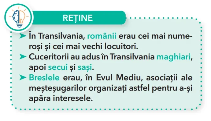 A 4. osztályosok történelemtankönyvének egyik emlékeztetője arról, hogy Erdélynek a románok voltak a legnépesebb és legrégebbi lakosai, illetve a hódítók magyarokat, majd székelyeket és szászokat telepítettek ide – Forrás: manuale.edu.ro