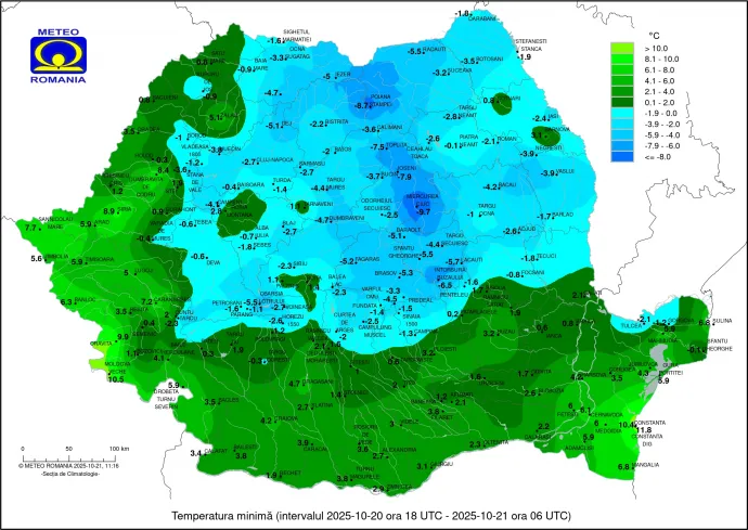 A hajnali minimumhőmérsékeletek 2025. október 21-én – Forrás: meteoromani.ro